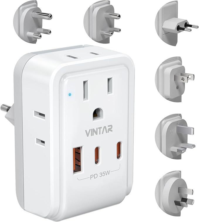 Universal Travel Adapter Kit, VINTAR PD 35W International Power Adapter with 3 USB Ports (2 USB C) and 4 AC Outlets, Type A,C,G,D,I,M Detachable Attachments, Adapter for US/EU/UK/India/AUS/Africa