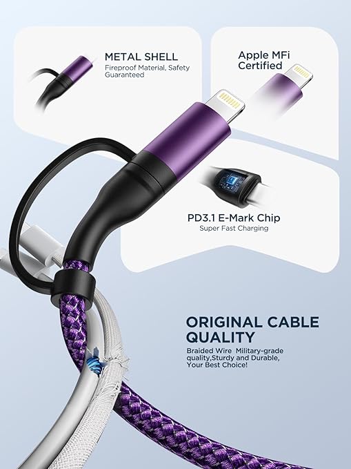 USB C to Lightning Cable, 60W 4 in 1 Fast Charging Cable Apple MFi Certified USB A to Lightning Cord Nylon 6ft USB C to USB C Charger Cord for iPhone 17 16 15 14 Pro/iPad/Samsung S25/MacBook/Switch 2