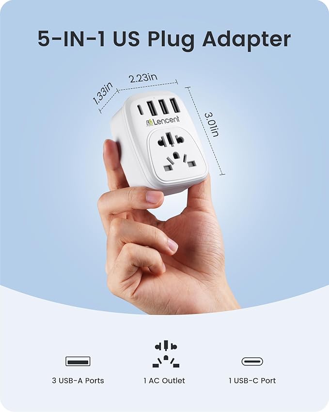 LENCENT World to US Plug Adapter with 3 USB & 1 PD Type-c Quick Fast Charger Ports, Type B European EU Europe/UK/Australia/China to USA American Canada Japan Outlet Power Adaptor Travel Plug Converter