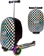 Lascoota Scooter Suitcase - Ride Suitcase for Kids - Carry Luggage & Kid Scooter - Lightweight Luggage with LED Lights - Checkered, 24 x 15 x 19 in, Unisex Child