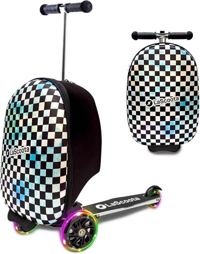 Lascoota Scooter Suitcase - Ride Suitcase for Kids - Carry Luggage & Kid Scooter - Lightweight Luggage with LED Lights - Checkered, 24 x 15 x 19 in, Unisex Child