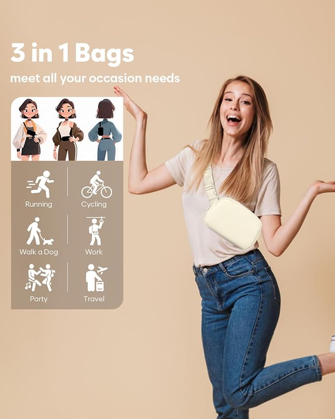 Pritent Fanny Packs for Women Cross Body Bag Waterproof Belt Bag with Adjustable Strap and Zipper Back Pocket Small Crossbody Bags Fashion Waist Packs for Workout Travelling(Ivory, Large)