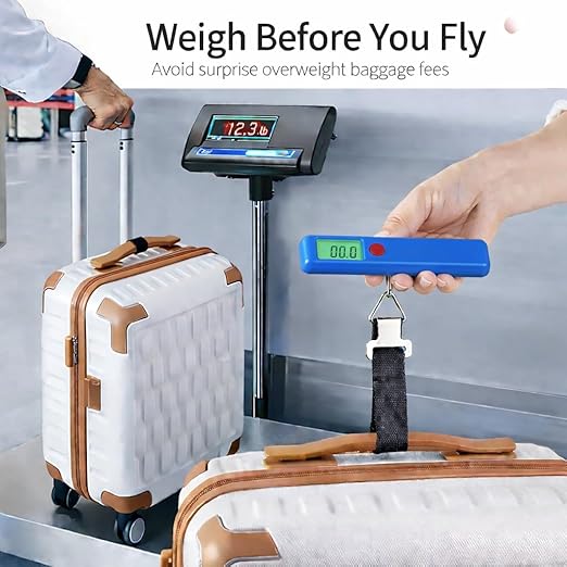 Digital Luggage Scale, Portable Handheld Travel Weight Scale with Backlit LCD Display, 110 lb Capacity, Hook and Strap, (Blue)