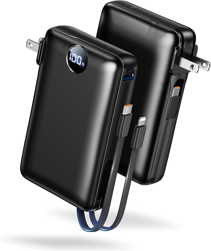 Portable Charger 50000mAh with Built-in Cables and AC Wall Plug, 22.5W Fast Charging Power Bank with LED Display for iPhone 17/16, Samsung, Android Devices, Camping, Road Trips and Travel, Dark