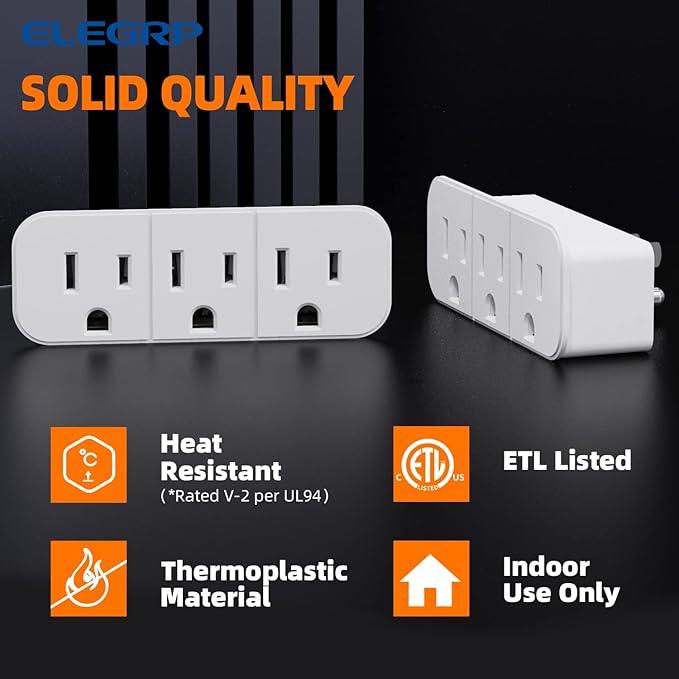 ELEGRP Triple Outlet Extender, 3-Prong Grounded Wall Tab, Multiple Outlet Extender Adapter Plug with 3 Electrical Outlets for Travel Home Hotel Office, ETL Listed, 4 Pack, White