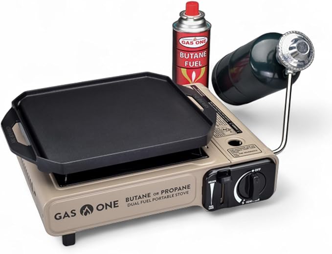 GasOne GS-3400P-KIT Propane or Butane Gas Stove with Flat Top Griddle Included – Dual Fuel Propane Grill Tent Stove Burners for Cooking for Camping, Kitchen – Diecast Aluminum with Non Stick Coating