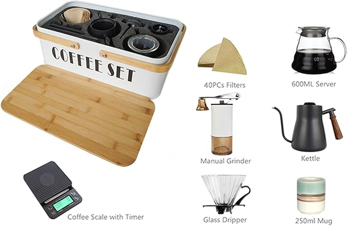 SOTECH Pour Over Coffee Maker Set Coffee Kettle Scale Server Dripping Cup Bean Grinder Filter Paper Ceramic Cup ALL in 1 Great Portable Metal Box for Traveling Excellent Coffee Gift
