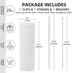 Volhoply 20oz Plastic Skinny Tumblers Bulk 4 Pack,Double Wall Tumbler with Lid and Straw,Reusable Travel Iced Coffee Mug,BPA Free Matte Acrylic Water Cups With Straw for Party,DIY Gifts(White,4 Set)