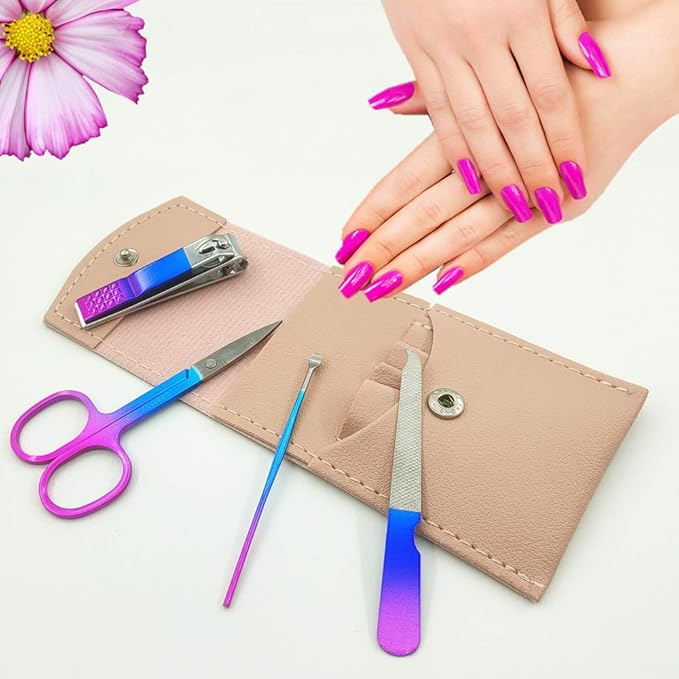 Manicure Set, Professional Women Nail Clippers Kit 4PCS， Stainless Steel Nail Cutter Care Tools Professional Grooming Kits, PU Leather Travel Case （Colorful）