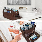 PAVILIA Toiletry Bag for Men, Travel Essentials Shaving Dopp Kit, Mens Travel Bag Toiletries Organizer Case for Grooming, PU Leather Water Resistant Cosmetic Bag Pouch (XL, Dark Brown)