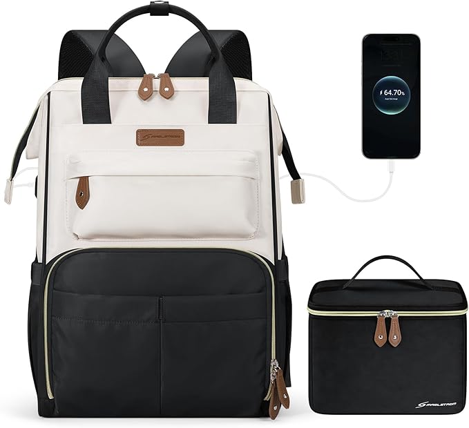 Maelstrom Travel Backpack for Women Men,Laptop Backpack Fits 15.6-17.3 Inch Laptop, Nurse/Work Bag with Insulated Lunch Box (Black-beige)