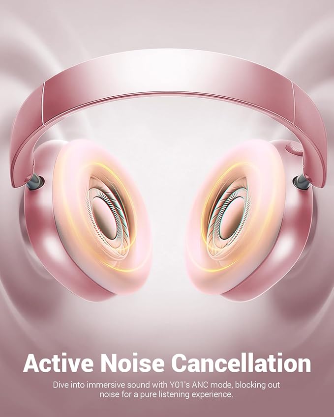 Wentronic Y01 Wireless Noise Canceling Headphones Bluetooth 5.3 Over Ear Headphones with Microphone, Hi-Res Audio, 48H Playtime, Foldable Comfortable Earpads,Compatible with iOS,Android,PC, Pink