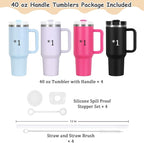 4 Pack 40 Oz Tumblers with Handle Bulk, Double Wall Vacuum Insulated Stainless Steel Tumblers with Lid and Straw, 40 oz Cups with Silicone Spill Proof Stopper Set (Black,Sky Blue,Purple,Hot Pink)