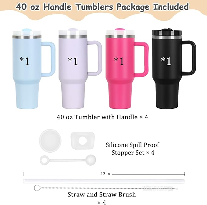 4 Pack 40 Oz Tumblers with Handle Bulk, Double Wall Vacuum Insulated Stainless Steel Tumblers with Lid and Straw, 40 oz Cups with Silicone Spill Proof Stopper Set (Black,Sky Blue,Purple,Hot Pink)