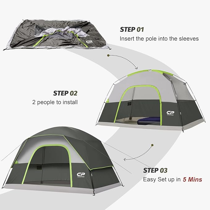 CAMPROS CP Camping Tent 2/4/6 Person, Waterproof Windproof Double Layer Dome Tent, Easy Setup with Large Mesh Windows & Wide Door for Outdoor Camping Backyard