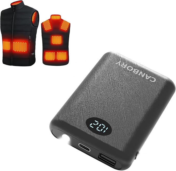 MINI 5V 2A/3A Battery Pack for Heated Vest Heated Jacket, Small 10000mAh Power Bank for Heated Apparel with LED Display and Flashlight PD 18W Black for Men and Women (No DC Port)