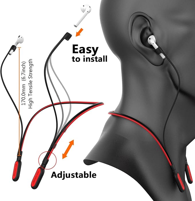 Compatible Airpods Strap, Silicone Anti-Lost Strap Wire Cable Connector Sports Neckband Compatible for Airpods Pro 3/2/1, Airpods 4, 3, 2, 1, Black with Red