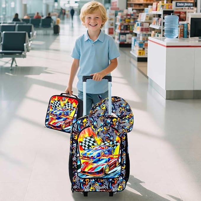 HPJGD 5PCS Boys Suitcase Set, Kids Water-Resistant Rolling Luggage, Cool Car Racing Travel Carry-On for Elementary/Preschool Toddler