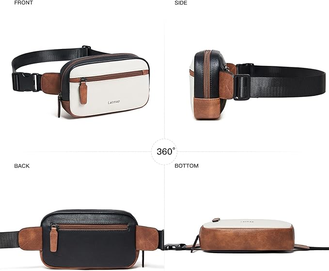 LATMAP 2L Fanny Packs Everywhere Belt Bag Small Fashion Crossbody Waist Pack Faux Leather Waterproof Sling Chest Bag For Women Black White