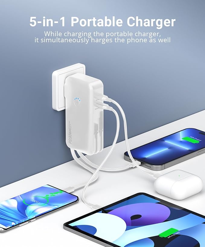 Portable Charger, Power Bank, 16000mAh Power Bank Built-in AC Wall Plug and Cables, PD 30W and QC4.0 Fast Charger for iPhone and Android Phones and Most Electronic Devices (White)