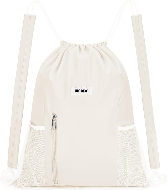 WANDF Drawstring Backpack with Shoulder Pad Sports Gym Backpack with Mesh Pocket String Bag for Women Men (Beige)