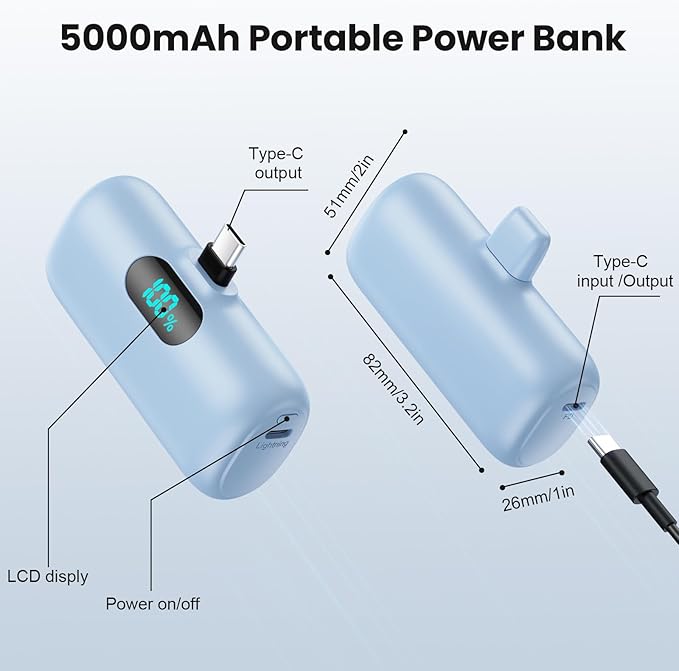 Mini Portable Charger USB C Power Bank,Upgraded 5000mAh PD Fast Charging Battery Pack Built-in USB-C Connector Travel Essential for iPhone17/17Pro/17Pro Max/Air/16 Plus/16Pro Max/15 Series,Android etc