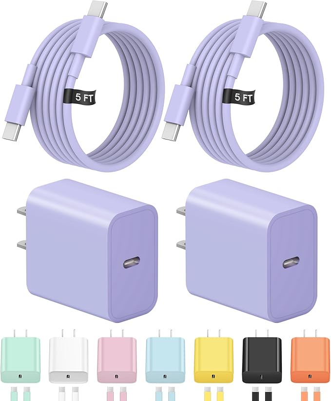 5FT iPhone 17 16 15 Charger Fast Charging USB C Charger Block Type C Chagrer Fast Charging 2-Pack for iPhone 17/17 Plus/17 Pro/17 Pro Max/iPhone 16/16 Plus/16 Pro/16 Pro Max/15 Pro Max/Samsung(Purple)