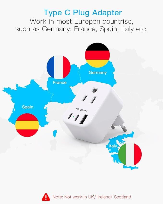 European Travel Plug Adapter USB C, HANYCONY International Plug Adapter, US to Europe Adapter Plug 2 Outlets 3 USB Ports(2 C Port), Type C Power Adapter to Italy Spain France Portugal Iceland Germany