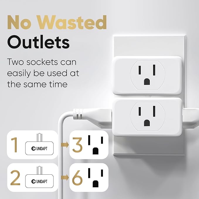 Unidapt Multi Plug Outlet Extender 2 Pack - 3 Way Wall Outlet Splitter, Cruise Ship Essentials Power Plug Adapter, Compact Travel Wall Tap Expander, Flat Angled Design, Home, Office, Dorm - White