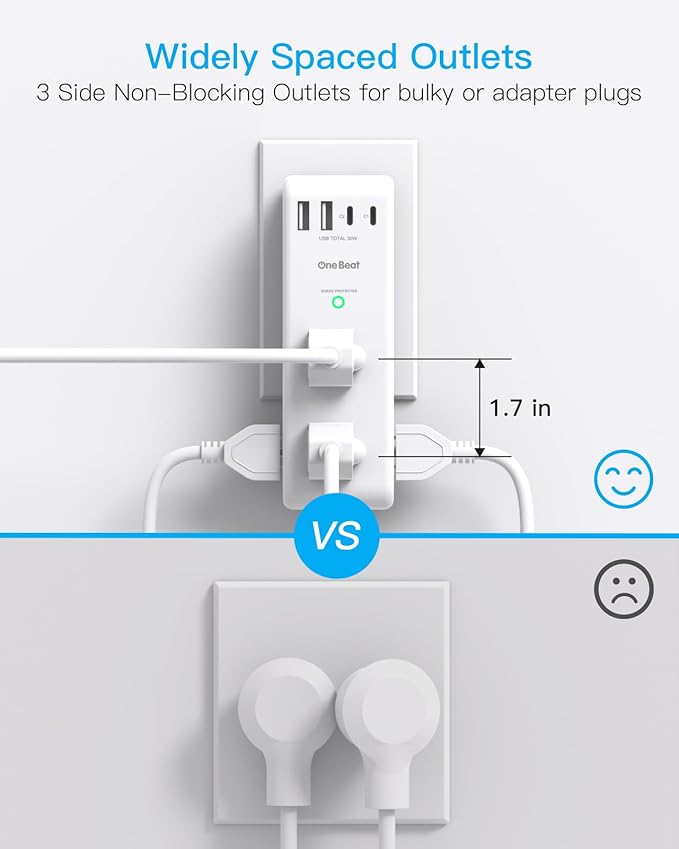 PD 30W Surge Protector Outlet Extender, Rotating Plug, One Beat 6 AC Multi Plug Outlet with 4 USB Ports (2 USB C), 1800J, 3-Sided Swivel Power Adapter with Spaced Outlet Splitter for Home Office Dorm