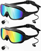 Swim Goggles 2 Pack, Wide View Anti Fog&UV Swimming Goggles for Audlt, No Leak Pool Beach Essentials for Men Women
