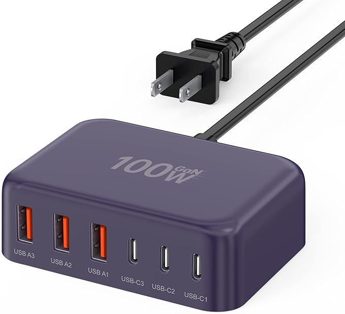 [2026 Updated] USB C Fast Charger, 100W GaN 6 Port Type C Charging Station Hub Block Cube, USB C Wall Charger Power Strip Adapter Plug for iPad iPhone 17 16 15 14 Pro Max Pixel Note Galaxy, 5ft Cord