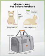 Morpilot Portable Cat Carrier - Soft Sided Cat Carrier for Medium Cats and Puppy up to 15lbs, Pet Carrier with Locking Safety Zippers, Foldable Bowl, Airline Approved Travel Dog Carrier - Light Gray