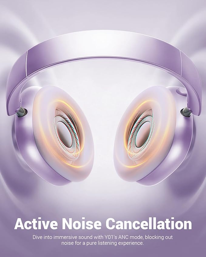 Wentronic Y01 Wireless Noise Canceling Headphones Bluetooth 5.3 Over Ear Headphones with Microphone, Hi-Res Audio, 48H Playtime, Foldable Comfortable Earpads,Compatible with iOS,Android,PC, Purple