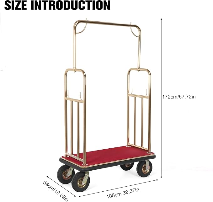 Generic Hotel Luggage Cart Wagon 39Lx19Wx68H Inch Lobby Trolley Luggage Carts Up to 881LBS 8-inch Silent Rubber Casters Carpet Deck Bumper Rails for Commercial Use Condos Resorts