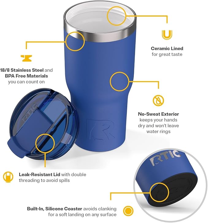 RTIC 20oz Essential Tumbler with Lid, Ceramic Lined, Insulated, Stainless Steel, Metal, Double Wall Vacuum-Insulation, Travel Cup for Iced Coffee, Tea, Hot and Cold Drink, Cobalt
