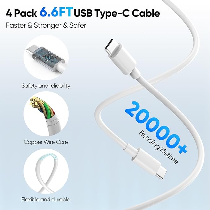 2 Pack USB C Charger Block 60W, 4-Port GaN5 Super Fast Phone Charger, Type C Charging Block PD 20W & QC 20W with 6.6FT USB C Cable for iPhone17 Air/17/16/15Pro Max Samsung Galaxy S24