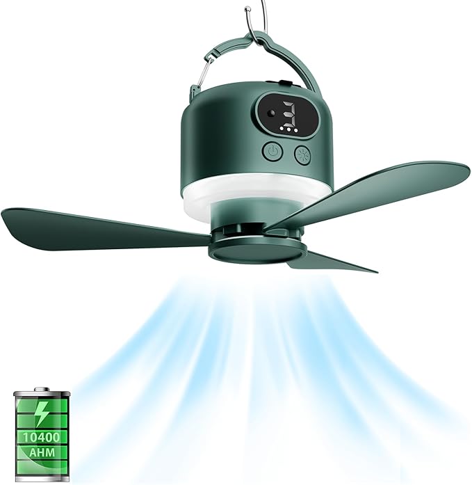 Wireless Portable Ceiling Fan with Remote, 3-Blade Design, 10040mAh Battery Operated, USB Rechargeable Hanging Fan with Hook for Tent, Camping, Outdoor, Type-C Rechargeable (Green)