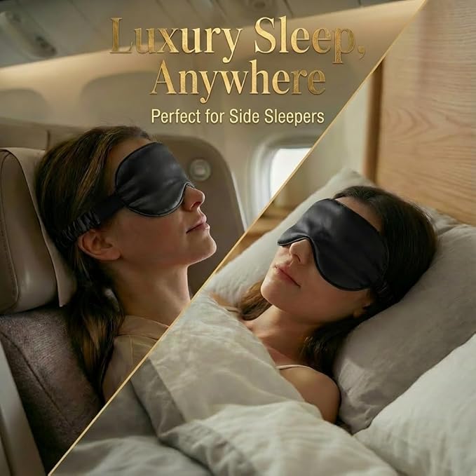 MATASSE 100% Mulberry Silk Sleep Mask 22 Momme Grade 6A - 3D Contoured Eye Mask for Sleeping, 14mm Deep Eye Cups, Total Blackout Blindfold for Women Men, Adjustable Strap, Side Sleeper (Black)