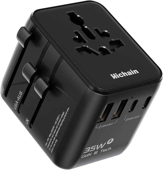 Hichain International Power Adapter 35W, Universal Travel Adapter 7-in-1 Worldwide Plug Power International Charger for Business Travelers Vacationers, Fast Charging for iPhone 17/16, Tablets, GoPro