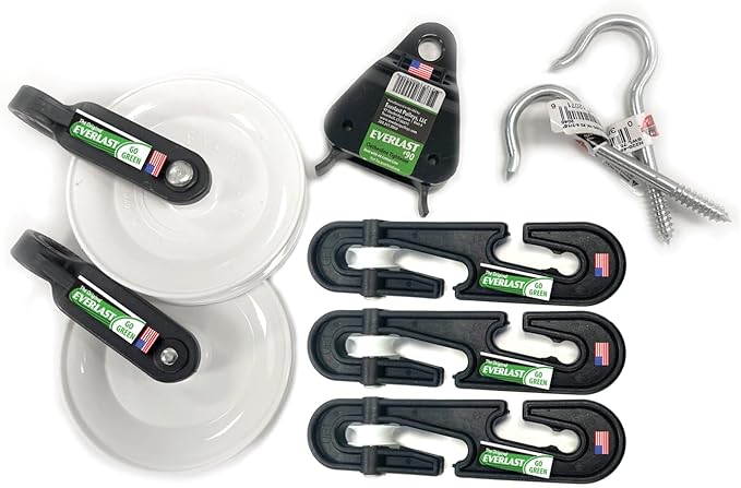 EVERLAST Clothesline Kit for Loop-Style Laundry Systems | Complete Hardware Set with 2 Pulleys, 3 Separators, 1 Line Tightener & 2 Hooks | Weatherproof | Made in USA | Model #99