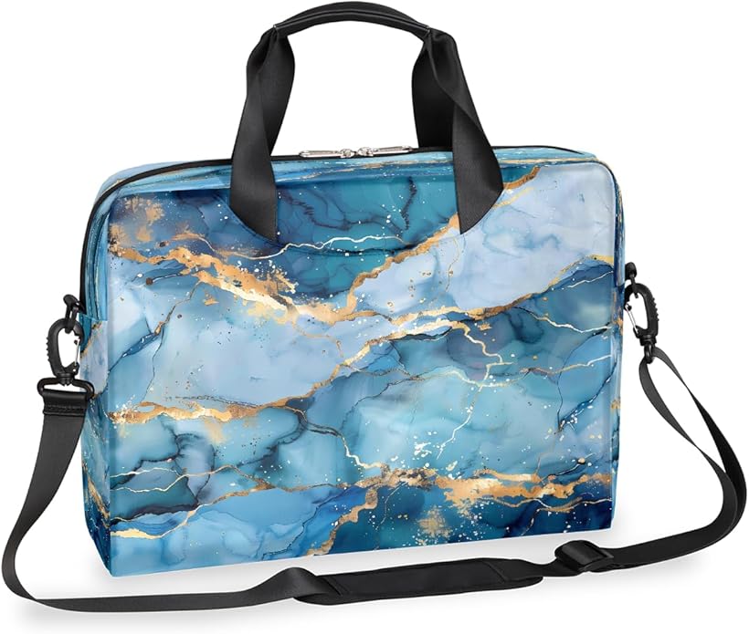 Laptop Bag Teal Blue Liquid Golden Marble Laptop Case Sleeve Messenger Bags with Shoulder Strap Briefcase for Laptop 13 14 14.5 15.6 16 in