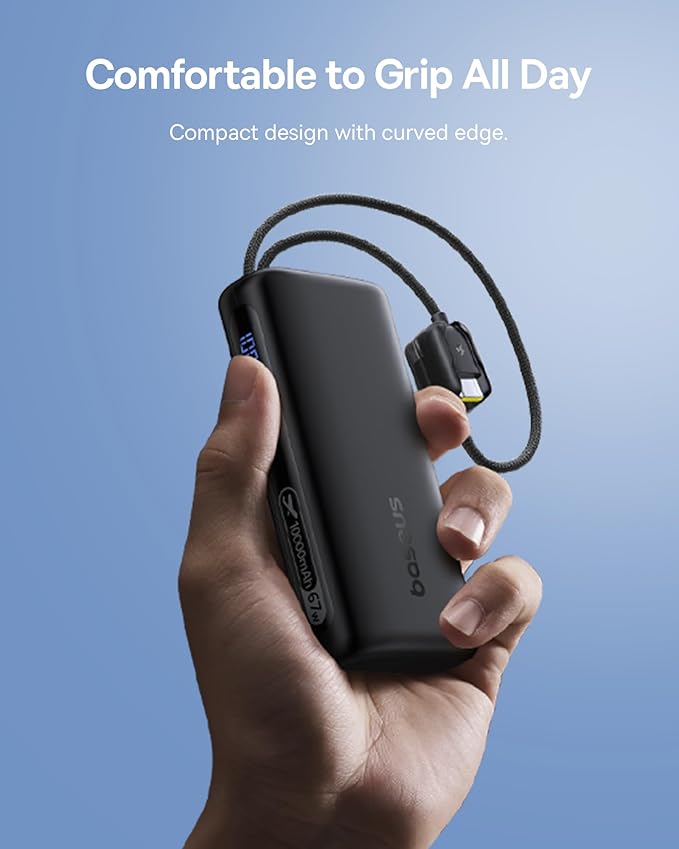 Baseus Mini Power Bank Fast Charging 67W, 10000mAh Small Portable Phone Charger Built-in Dual USB C Braided Cable, Travel Essential Battery Pack for iPhone 17/16/15, iPad, Samsung Galaxy S25/S24 etc.