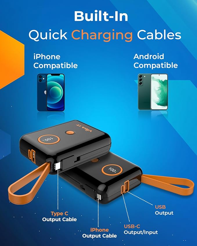 5V 2A Power Bank for Heated Jacket, Heated Vest Battery Pack 10000mAh Portable USB Charger, Power Pack for Heated Stadium Seat Chair, Mobile Phone Charger for iPhone Android with Built-In Cable Fast