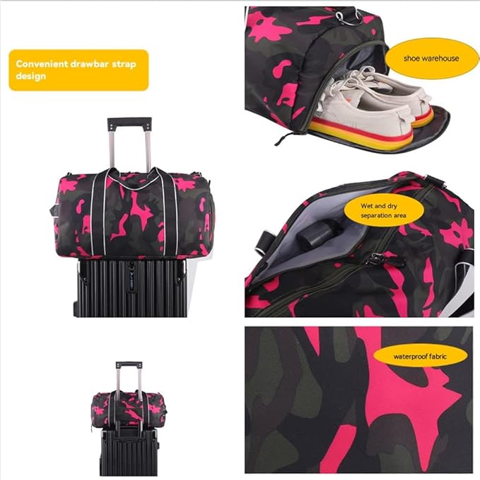 mezhsa Kids Overnight Duffle Bag Girls Boys Sports Gym Bag with Shoe Compartment Wet Pocket Camouflage travel bag (Ping)
