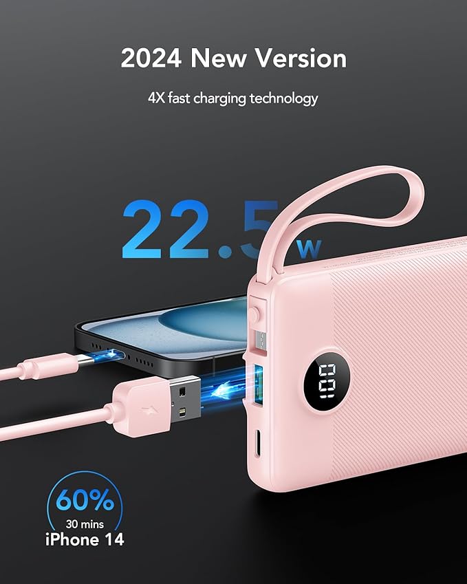VRURC Portable Phone Charger, 20W PD Fast Charging Portable Charger for iPhone, 10000mAh Battery Bank with Cables, 4 Output 3 Input USB C Battery Pack for iPhone 17 16 15 14 13,Samsung Galaxy-Pink