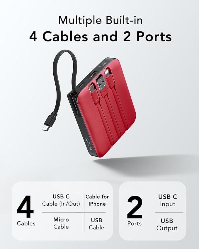 VRURC 10000mAh Portable Charger for iPhone with Built-in Cables, 22.5W Fast Charging Power Bank with LED Display, Slim USB C Battery Pack for iPhone 17, Samsung S25, Travel Essentials (Red)