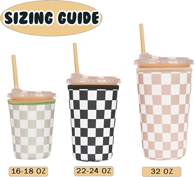Reusable Insulated Neoprene Iced Coffee Cup Sleeve, Durable Drink Sleeve for Cold Beverages, Beverage Holder for Iced Coffee, Multi-Tone Checkers