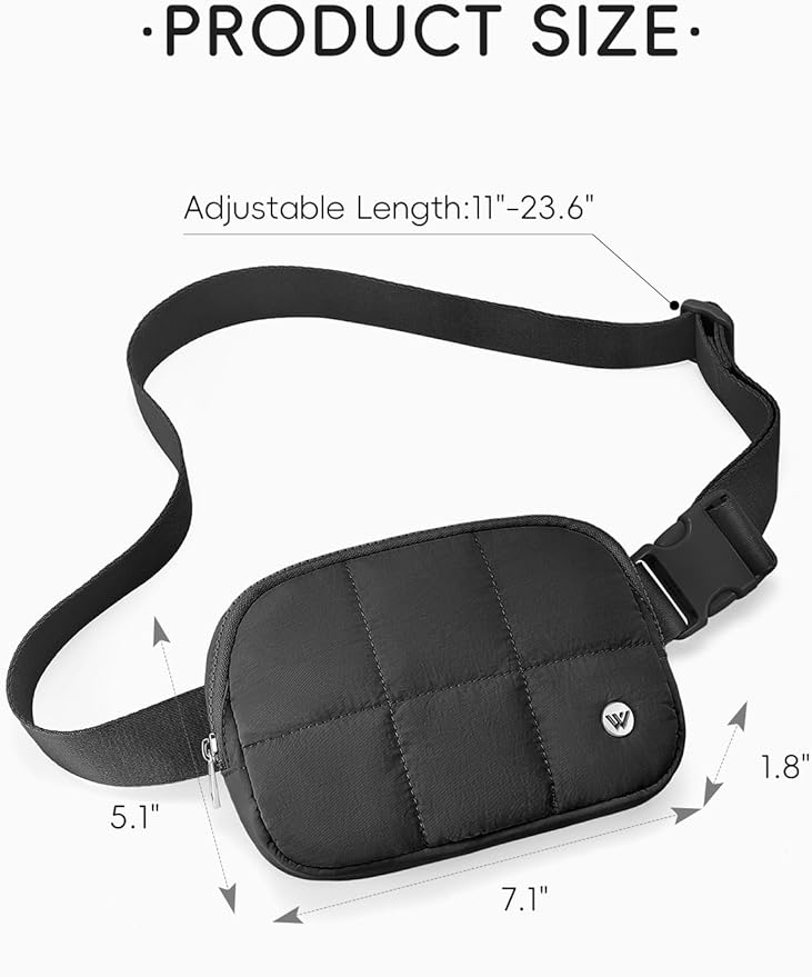 WESTBRONCO Puffer Fanny Packs for Women Quilted Nylon Waterproof Belt Bag with 2 Zipper, Puffy Crossbody Bag with Adjustable Strap, 1L Waist Bag for Travel Daily