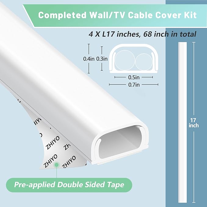 Wire Covers for 2 Cords, 68in Wire Hider on Wall Mounted, Beige Cord Cover Kit, Cable Cover Paintable, Cable Concealer for Extension Cord, Ethernet Cable, Speaker Wire Hider, 4X L17in W0.7in H0.4in